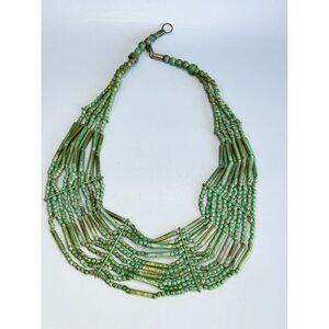 Tribal Multi-Strand Green Turquoise Beaded Necklace With Brass Hook Clasp